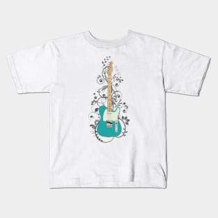 Teal T-Style Electric Guitar Flowering Vines Kids T-Shirt